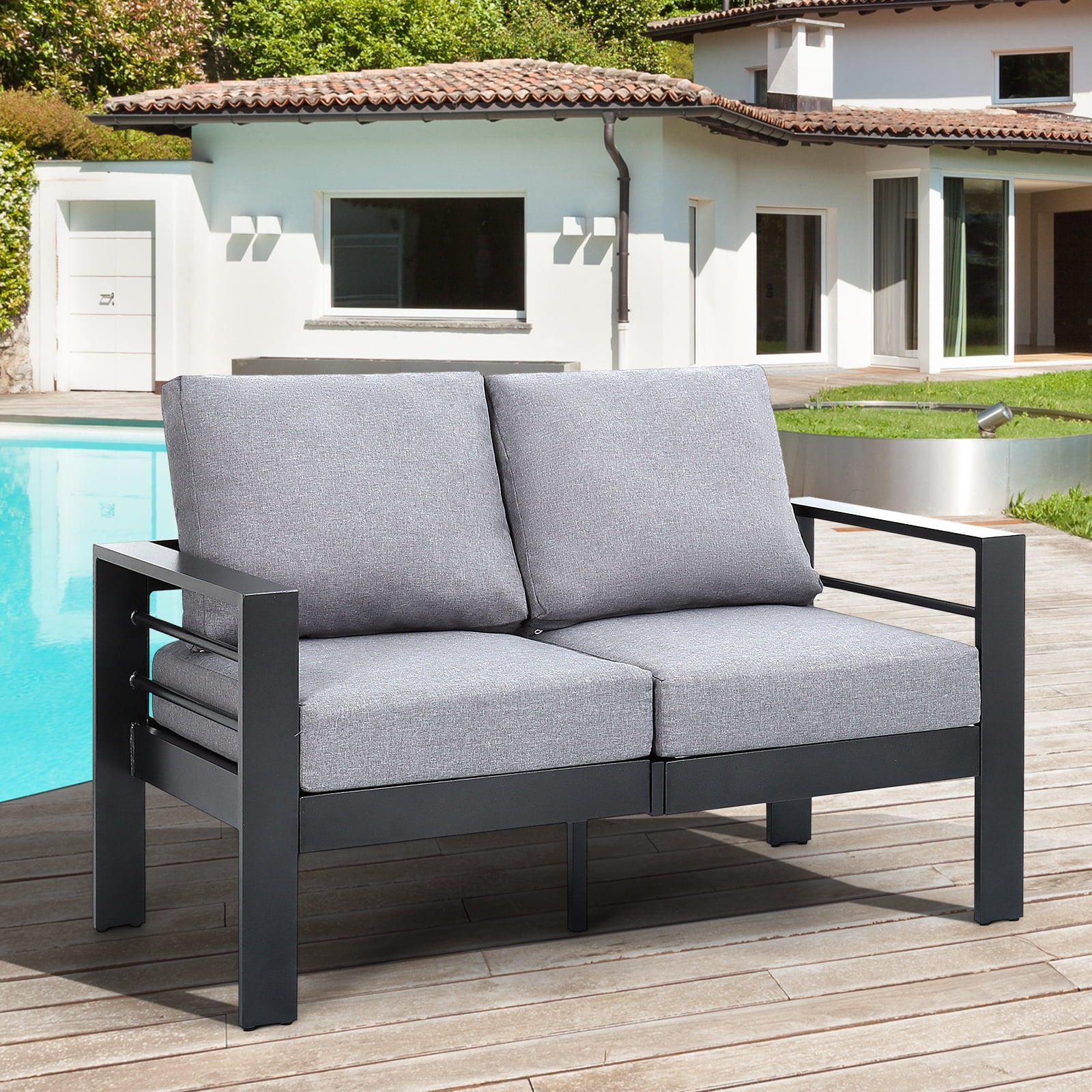 July s Song Patio Furniture Aluminum Loveseat All Weather Outdoor 2 Seat Sofa Gray