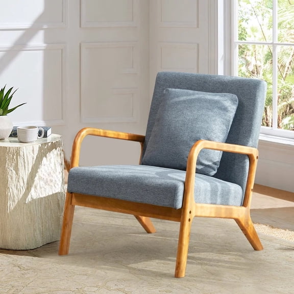 JULY'S SONG Mid Century Modern Accent Chair with Pillow, Linen Upholstered Reading Chair with Wood Frame, 25.6" W Arm Chairs in Living Room,Blue