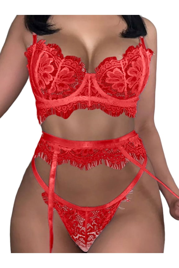 3pcs Set Women Underwear Lace Lingerie Bra G-string Panties Garter Belt Babydoll Nightwear