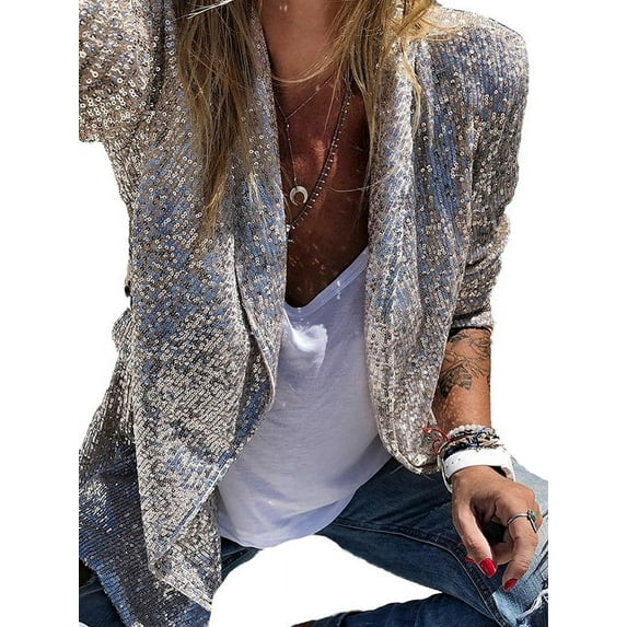 Julycc Fashion Women's Glitter Long Sleeve Casual Blazer Jacket Sequin Suit Coat