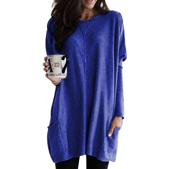 Julycc Plus Size Women Baggy Long Tops Sweater Pullover Pocket Jumper Mini Dress