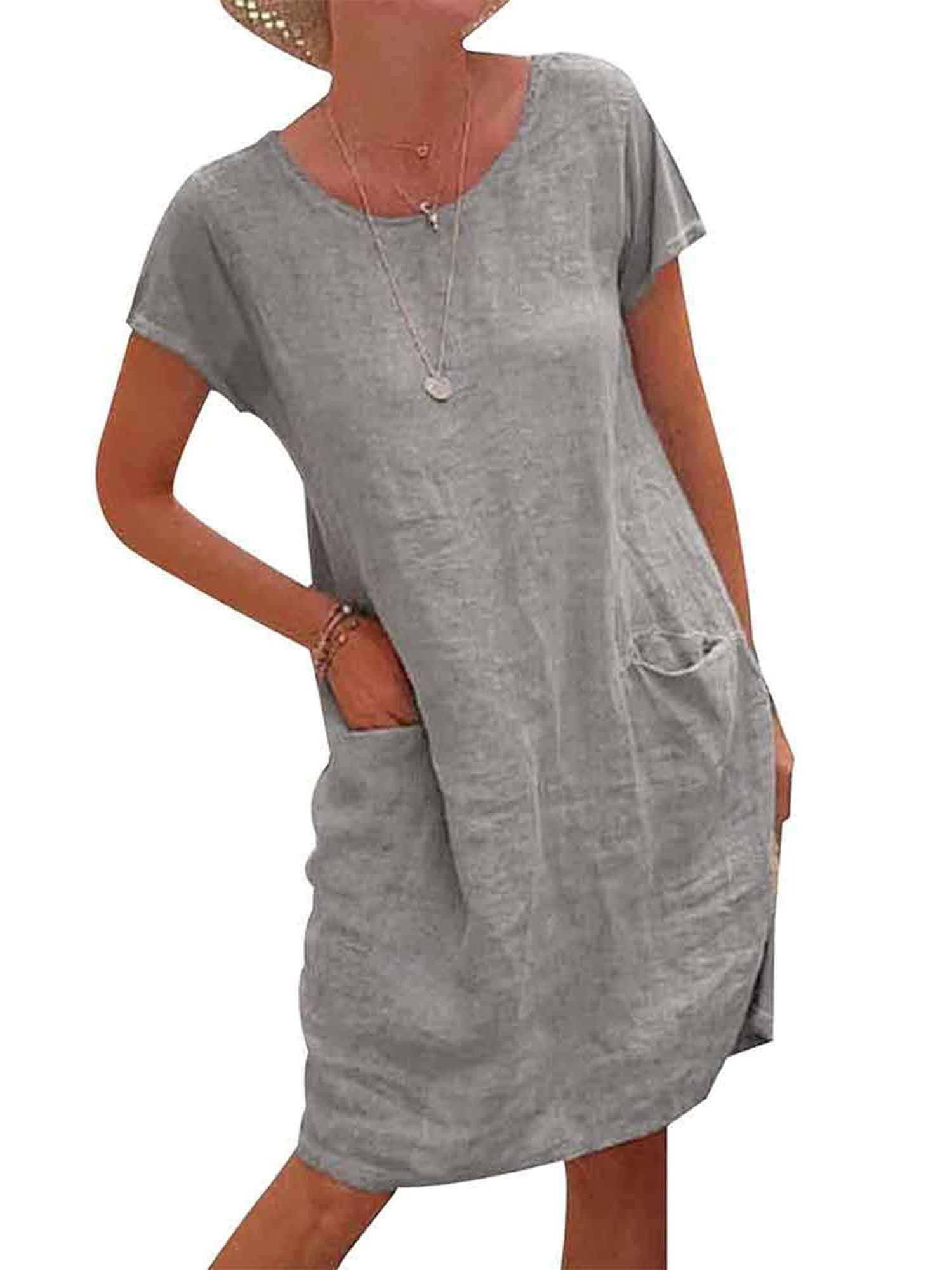 Julycc Plus Size Womens Cotton Linen Mini Dress Summer Short Sleeve Tunic  Sundress 