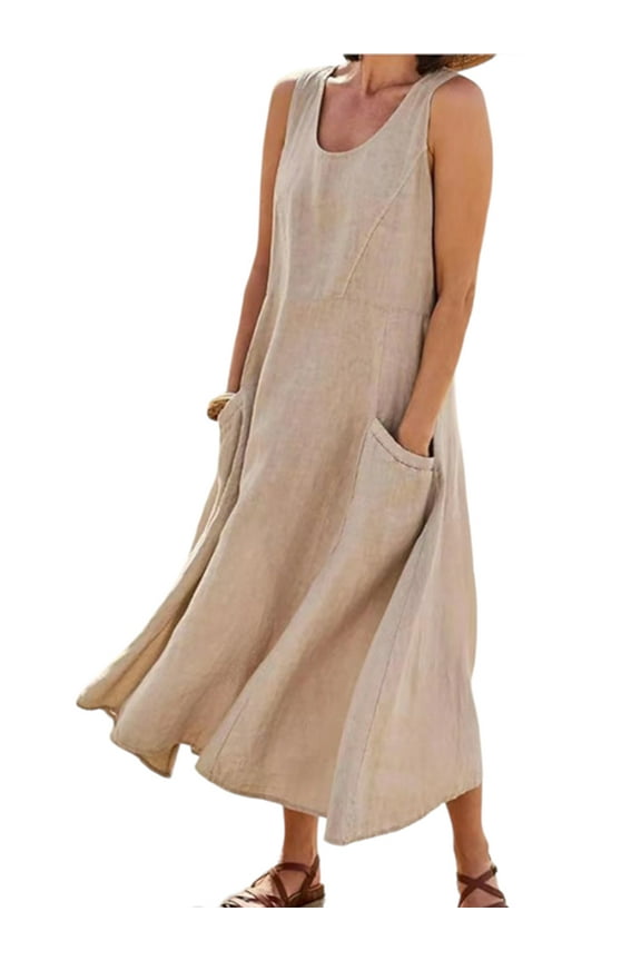 Plus Size Womens Cotton Linen Sundress Sleeveless Pockets Kaftan Long Dress