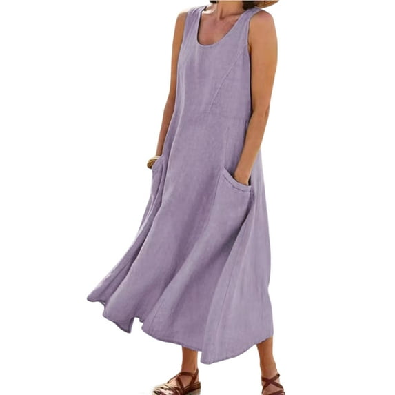 Julycc Plus Size Womens Cotton Linen Sundress Sleeveless Pockets Kaftan Long Dress