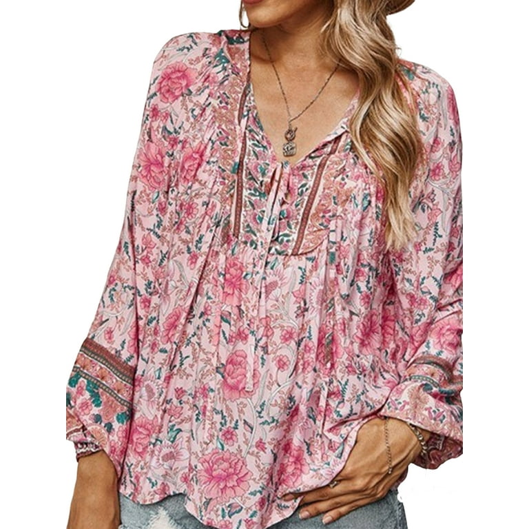 Julycc Plus Size Womens Floral Print Long Sleeve Blouse Tops Loose Tunic  Shirt