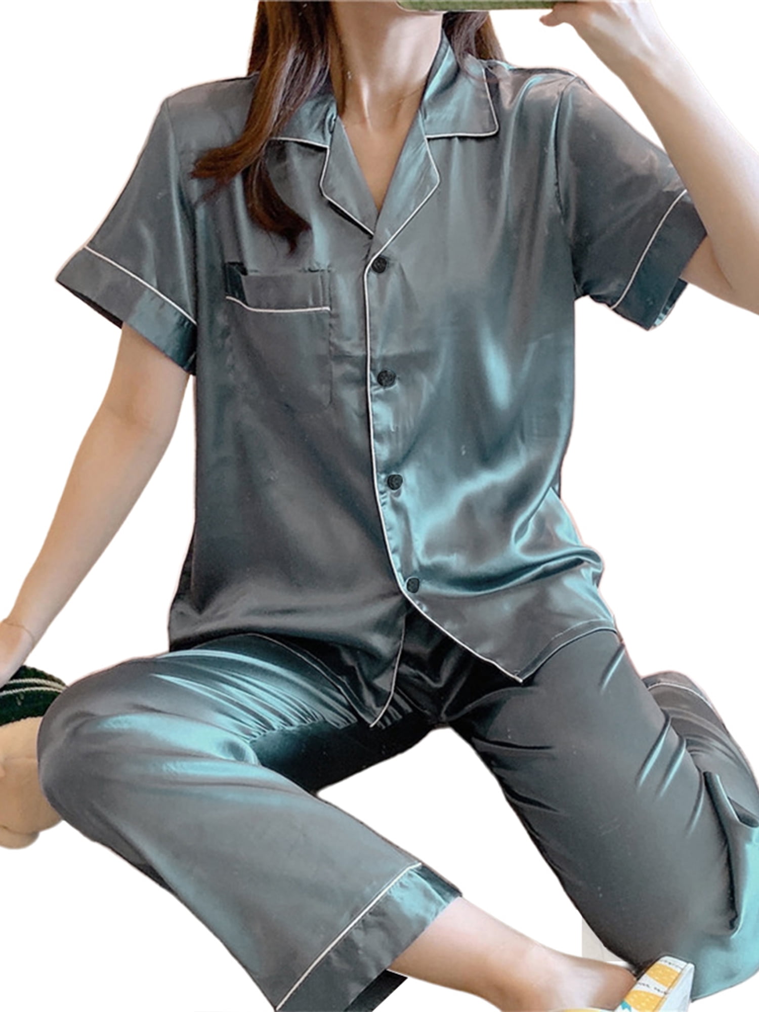 Julycc Plus Size Womens Satin Silk Pajamas Short Sleeve Nightshirt ...