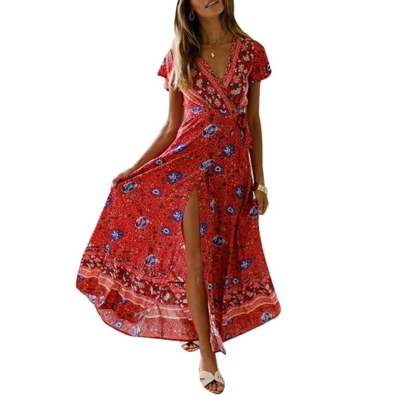 Julycc Women Boho Floral Print Long Maxi Wrap Dress Summer Beach Sundress