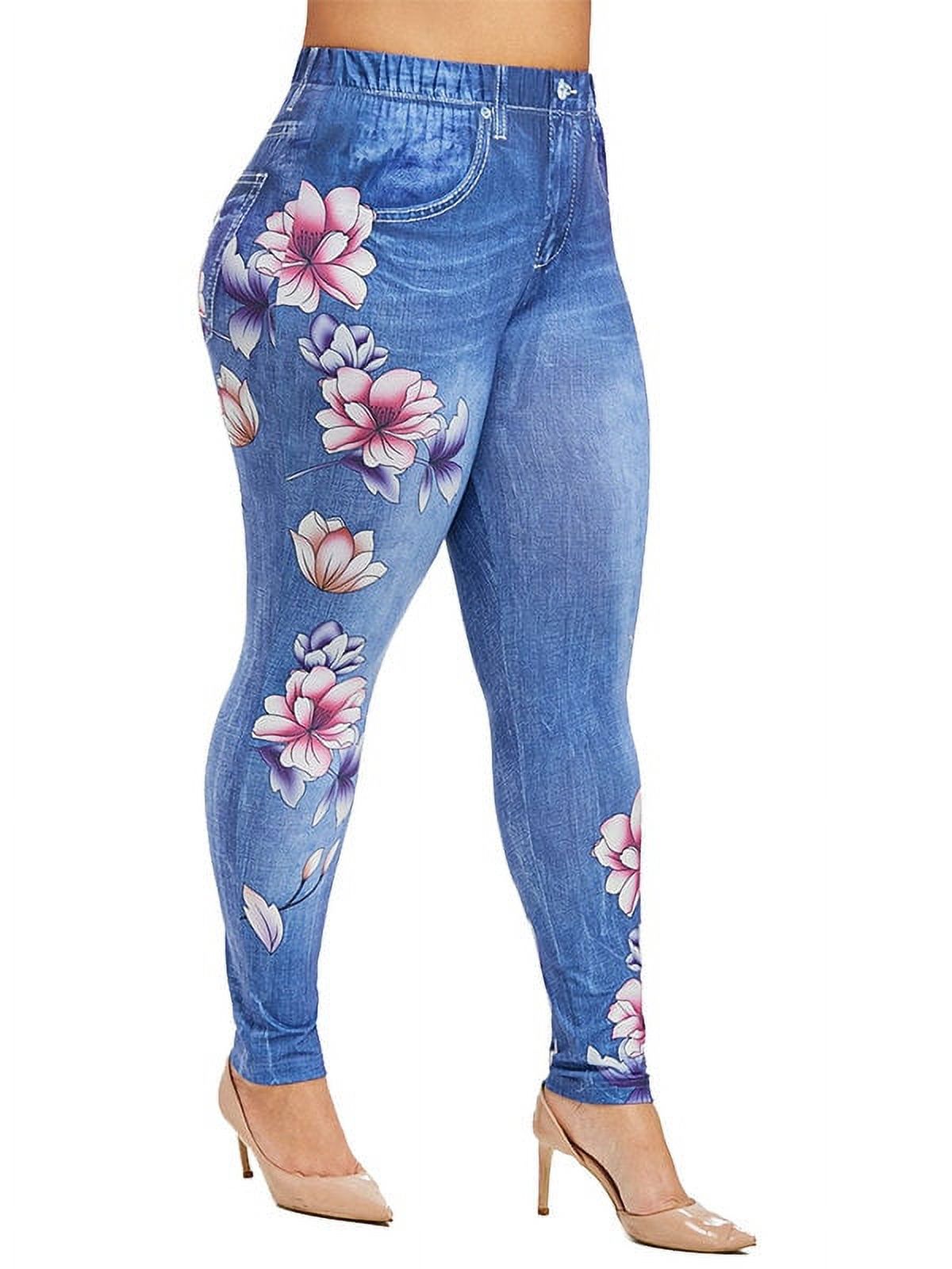 Julycc Women Casual 3D Denim Plus Size Floral Print Leggings - image 1 of 4