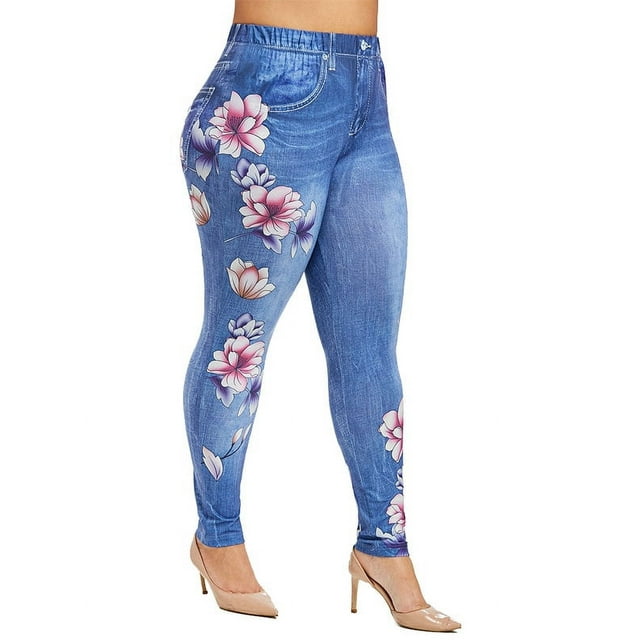 Julycc Women Casual 3D Denim Plus Size Floral Print Leggings