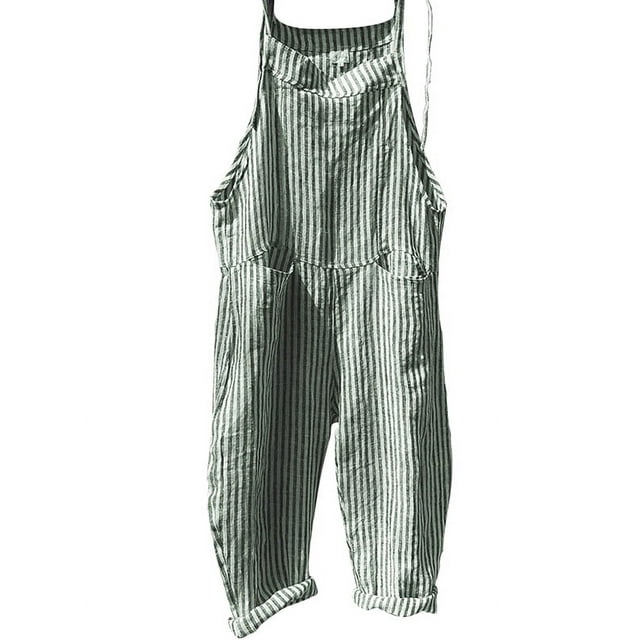 Julycc Women Cotton Linen Striped Wide Leg Jumpsuit Dungarees Casual ...