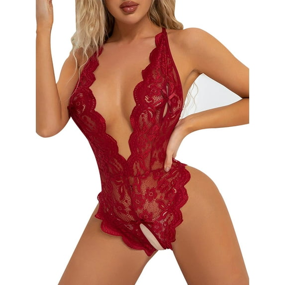 Julycc Women Sexy Lace V Neck Bodysuit Romper Crotchless Babydoll Lingerie Nightwear