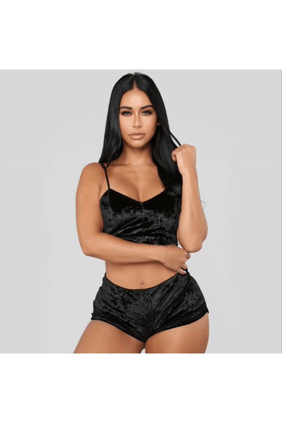 Women Sexy Lingerie Velvet Crop Sleepwear Pajamas Set Tops+Short Pants Nightwear