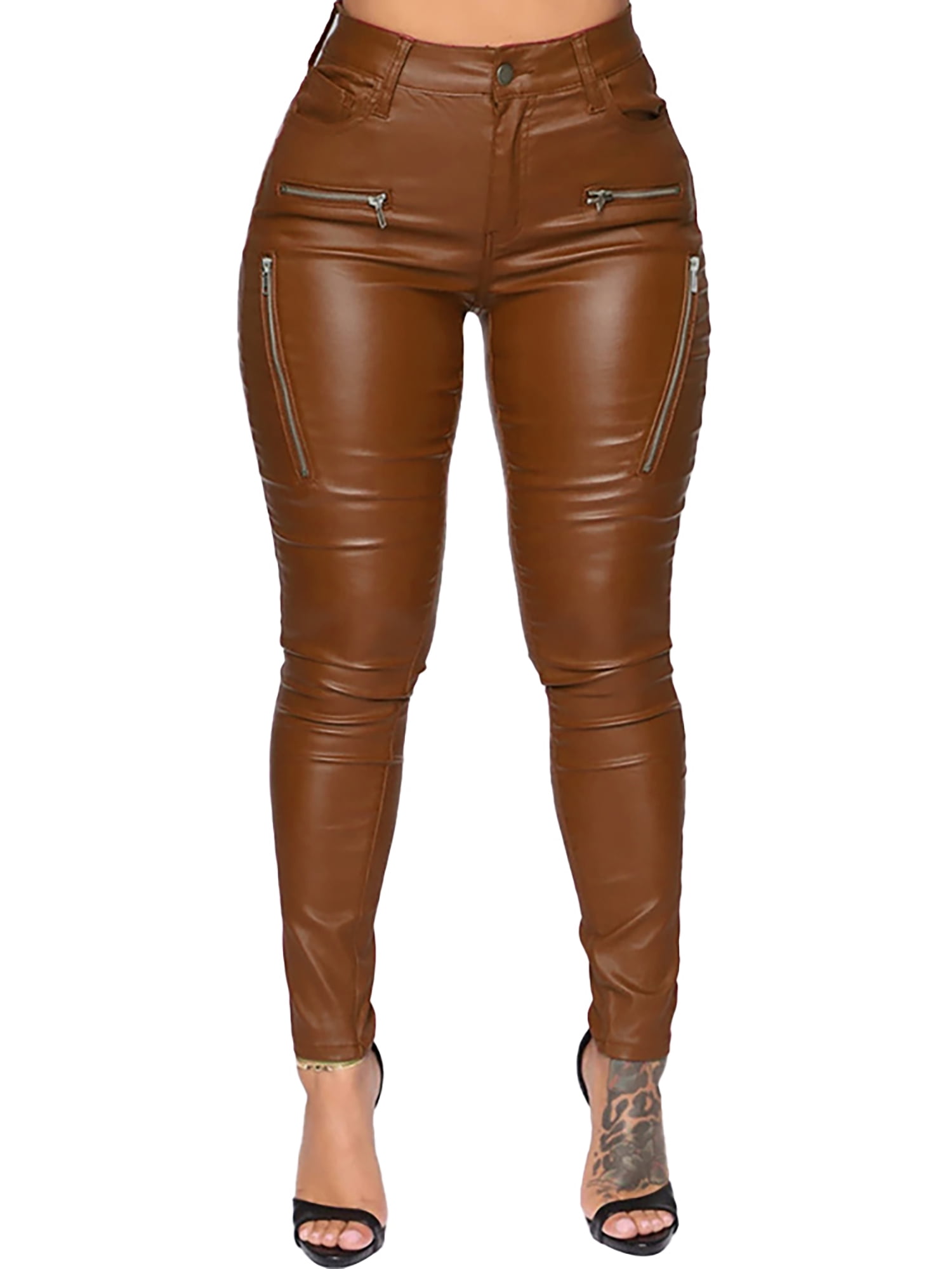 Women Wet Look PU Leather Skinny Leggings High Waisted Stretch Trousers  Pants