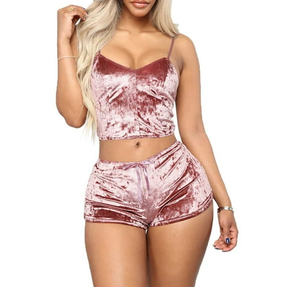 Julycc Womens Babydoll Lingerie Velvet Crop Sleepwear Pajamas Set Tops+Short Pants Nightwear