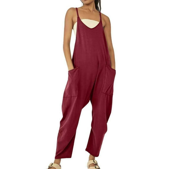 Julycc Womens Baggy Suspender Dungaree Bib Pockets Jumpsuit Solid Color Overall Pants