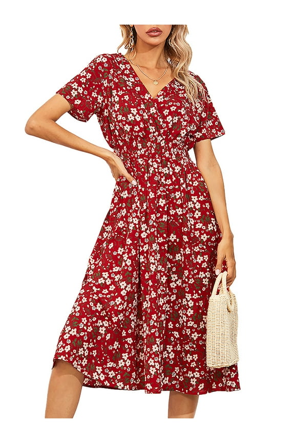 Womens Boho Midi Floral Dress Summer Short Sleeve Long Beach Sundress