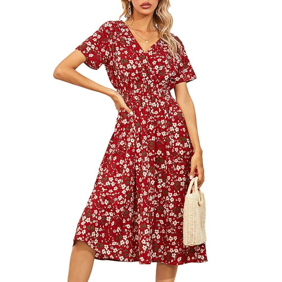 Julycc Womens Boho Midi Floral Dress Summer Short Sleeve Long Beach Sundress