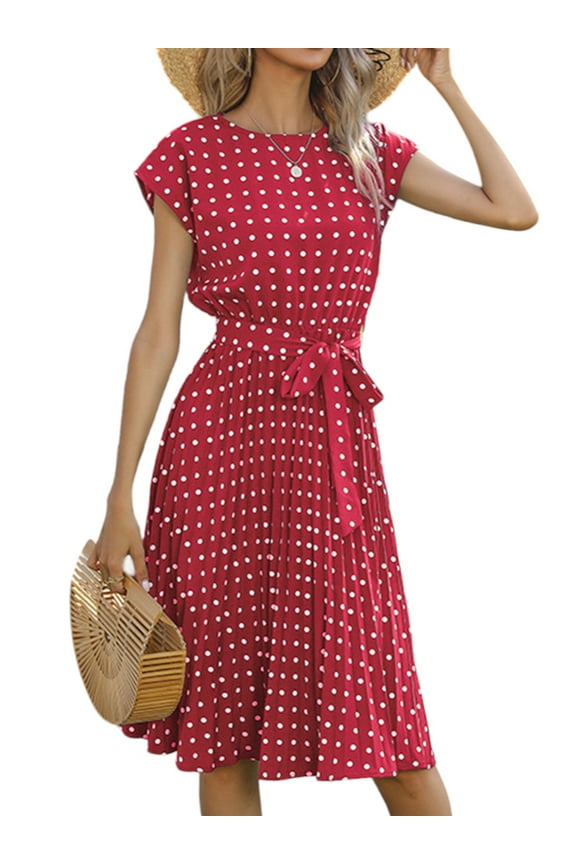 Womens Boho Polka Dot Print Belted Sundress Short Sleeve Pleated Swing Dress
