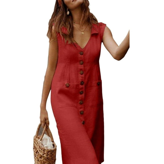 Julycc Womens Buttons Down V Neck Sleeveless Maxi Dress Casual Collared Midi Dress