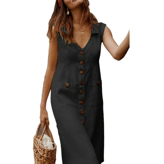 Julycc Womens Buttons Down V Neck Sleeveless Maxi Dress Casual Collared Midi Dress