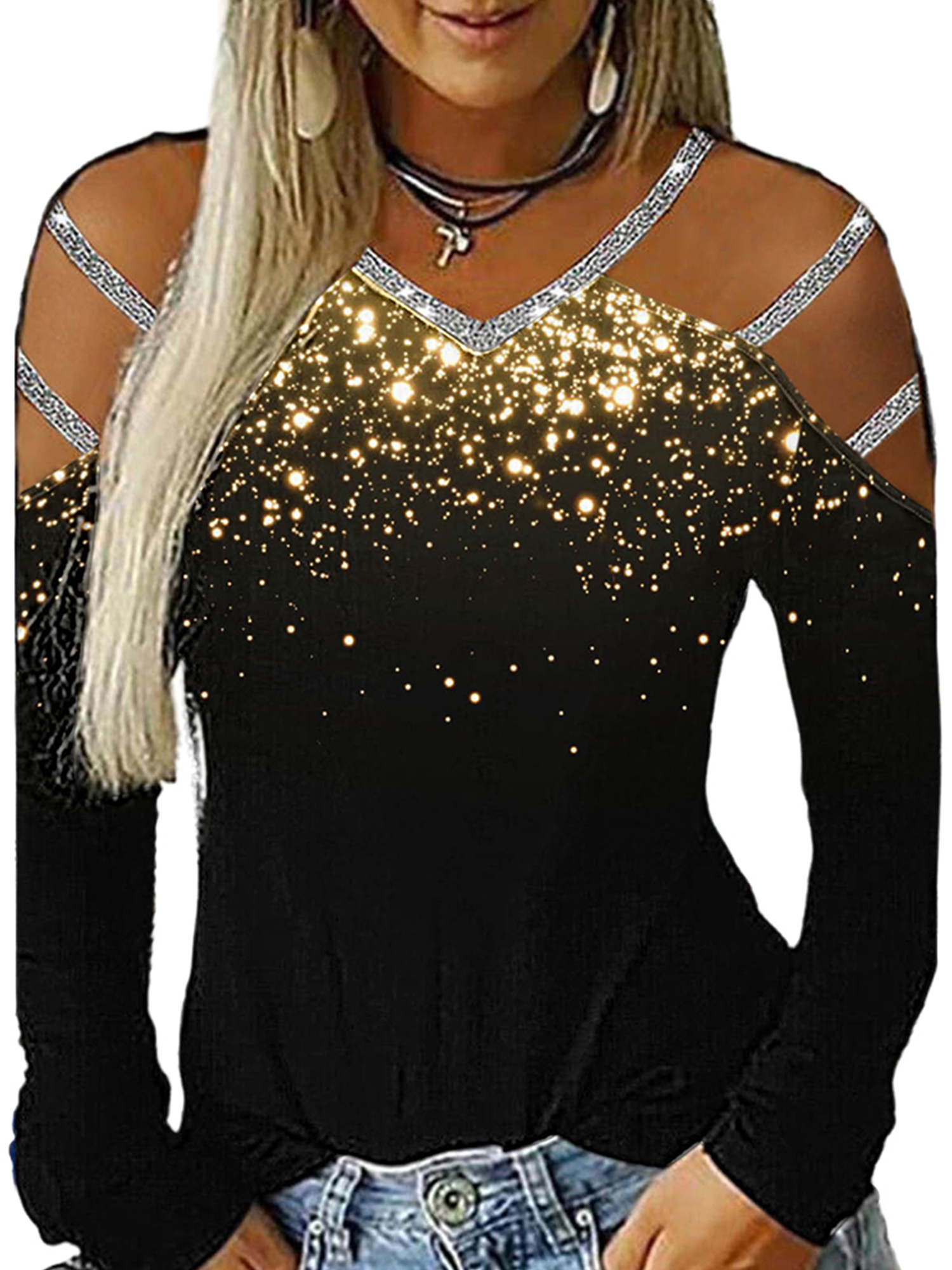 Julycc Womens Casual Long Sleeve Cold Shoulder Rhinestone Blouse T 