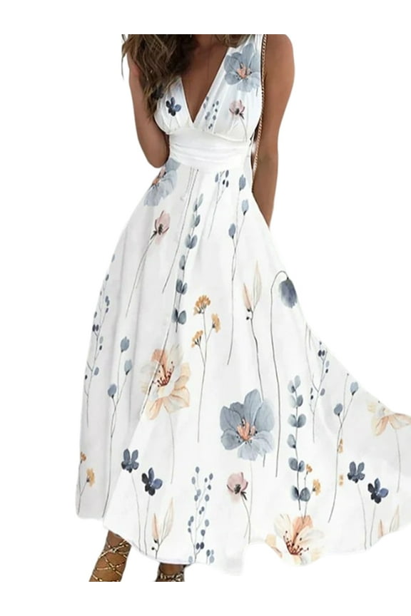 Womens Cocktail Evening Party Long Gown Sleeveless V Neck Floral Maxi Dress