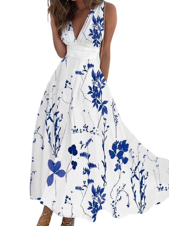 Womens Cocktail Evening Party Long Gown Sleeveless V Neck Floral Maxi Dress