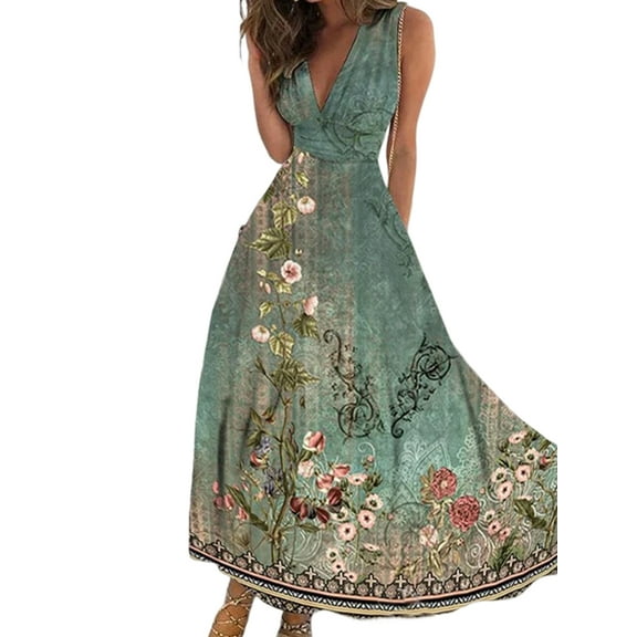 Julycc Womens Cocktail Evening Party Long Gown Sleeveless V Neck Floral Maxi Dress
