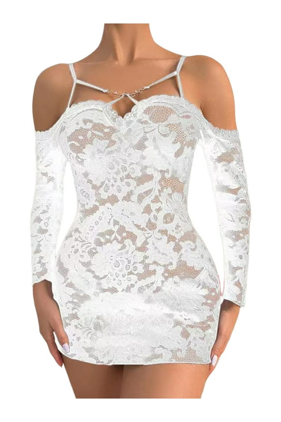 Womens Cold Shoulder Nightdress Babydoll Lace Lingerie Long Sleeve Strappy Sleepwear Pjs