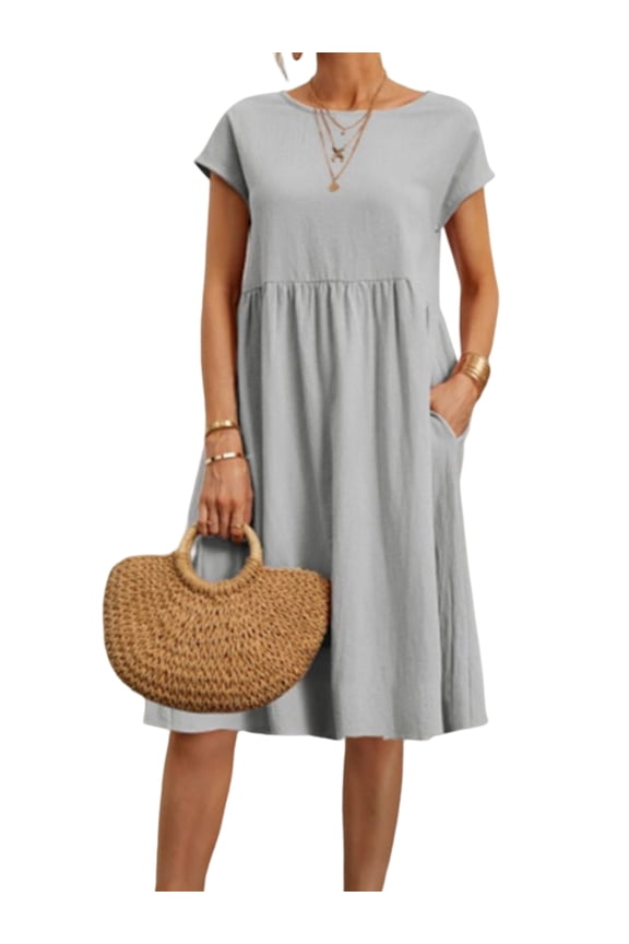 Womens Cotton Linen Pockets Maxi Dress Casual Short Sleeve Shirred Midi Dresses