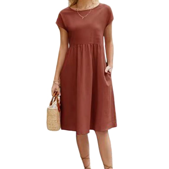 Julycc Womens Cotton Linen Pockets Maxi Dress Casual Short Sleeve Shirred Midi Dresses