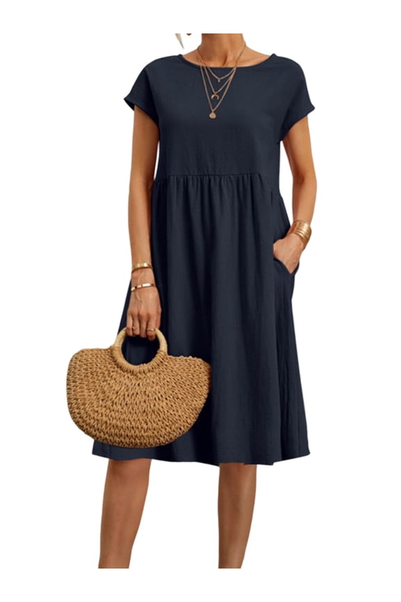 Womens Cotton Linen Pockets Maxi Dress Casual Short Sleeve Shirred Midi Dresses