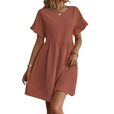 Julycc Womens Cotton Linen Short Sleeve Crew Neck Summer Casual Swing Mini Dress