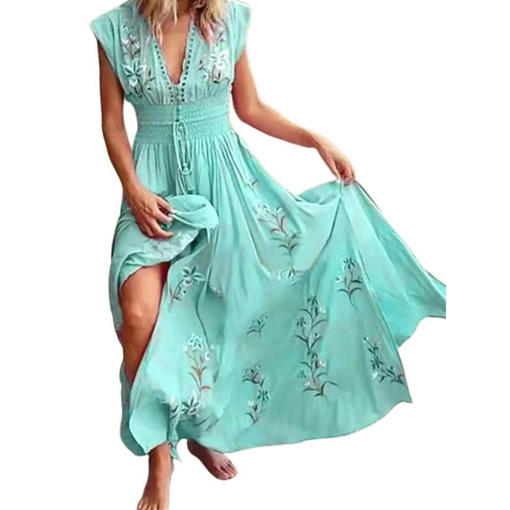 Julycc Womens Floral Sundress Summer Beach High Waist A-line Long Maxi Dress
