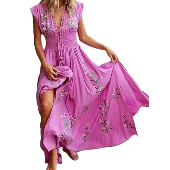 Julycc Womens Floral Sundress Summer Beach High Waist A-line Long Maxi Dress