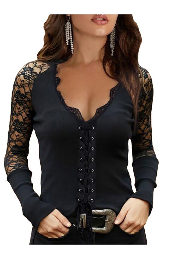 Womens Lace Spliced Long Sleeve V Neck Casual Blouse T Shirt Tops