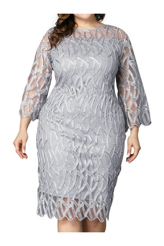 Womens Plus Size Ball Gown Formal Evening Party 3/4 Sleeve Midi Dress