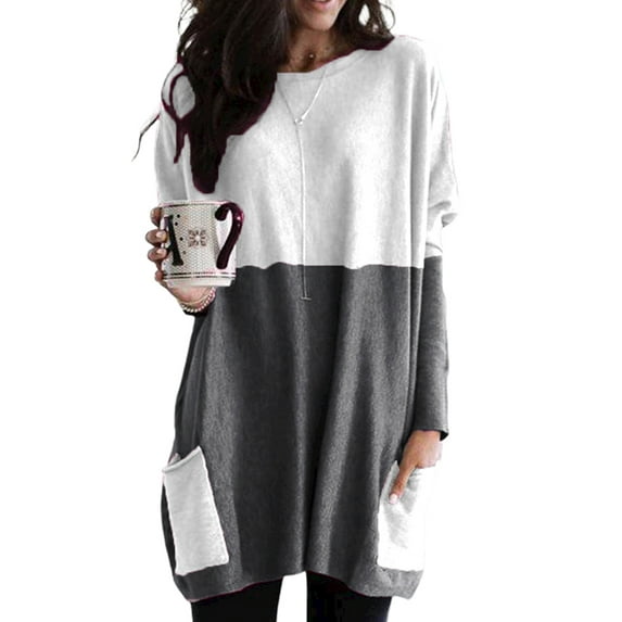 Julycc Womens Plus Size Color Block T Shirt Baggy Long Sleeve Pocket Blouse Tops