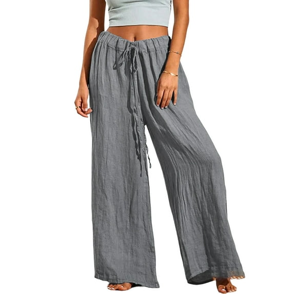 Julycc Womens Plus Size S-5XL Cotton Linen Elastic Waist Wide Leg Palazzo Casual Pants