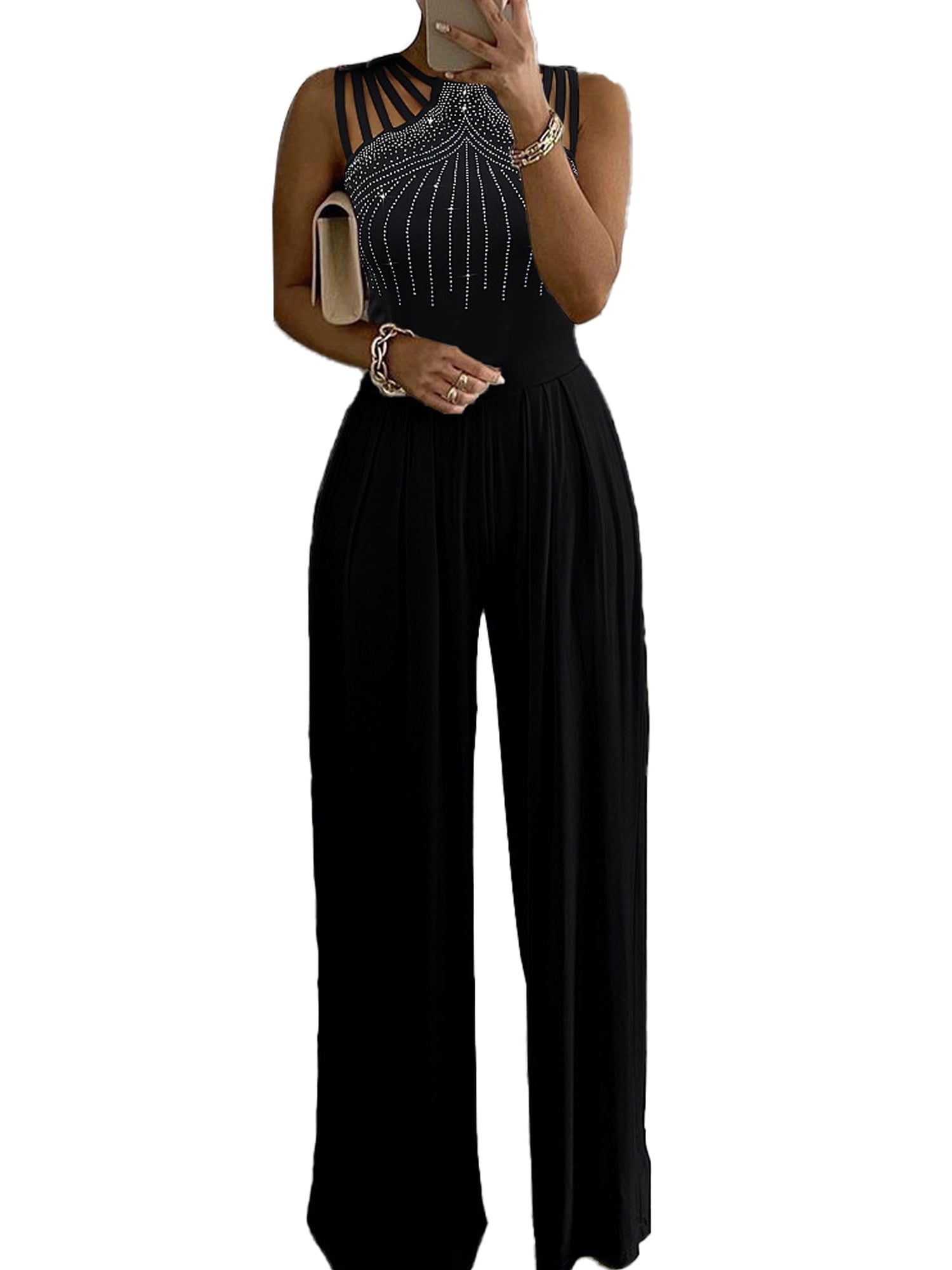 Julycc Womens Sequin Jumpsuit Sleeveless Wide Leg Formal Evening Party  Playsuit Pants 