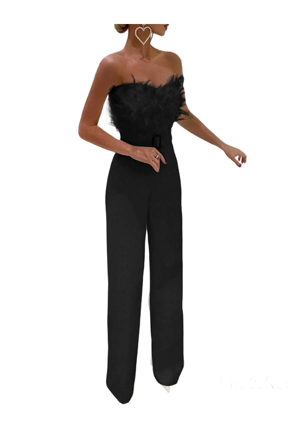 Womens Sexy Off Shoulder Playsuit Pants Cocktail Party Feather Jumpsuit Romper