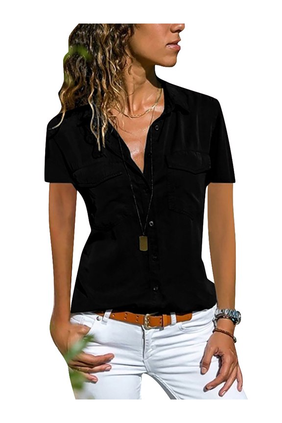 Womens Short Sleeve Collared V Neck Button Down Shirt Blouse Tops