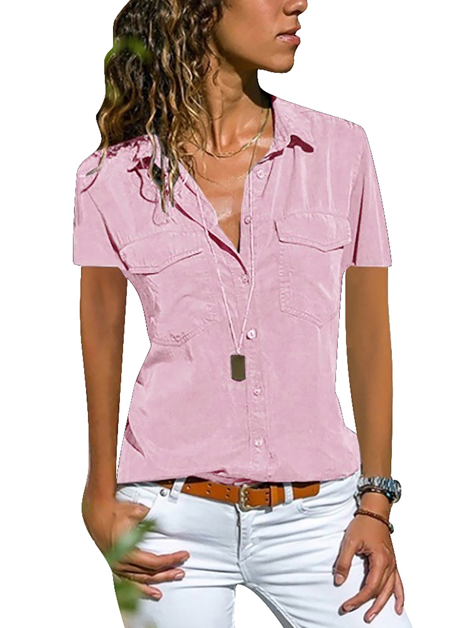 Julycc Womens Short Sleeve Blouse Collared V Neck Button Down Shirt ...