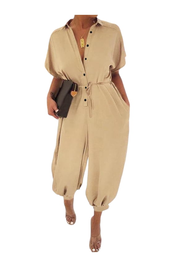 Womens Short Sleeve Buttons Jumpsuit Pants Baggy Casual Playsuit Romper