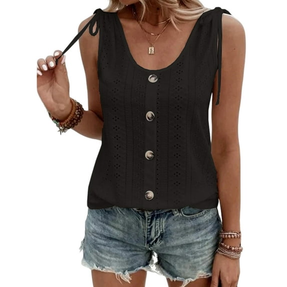 Julycc Womens Sleeveless Buttons Vest Tank Tops Jacquard Drawstring Blouse T Shirt