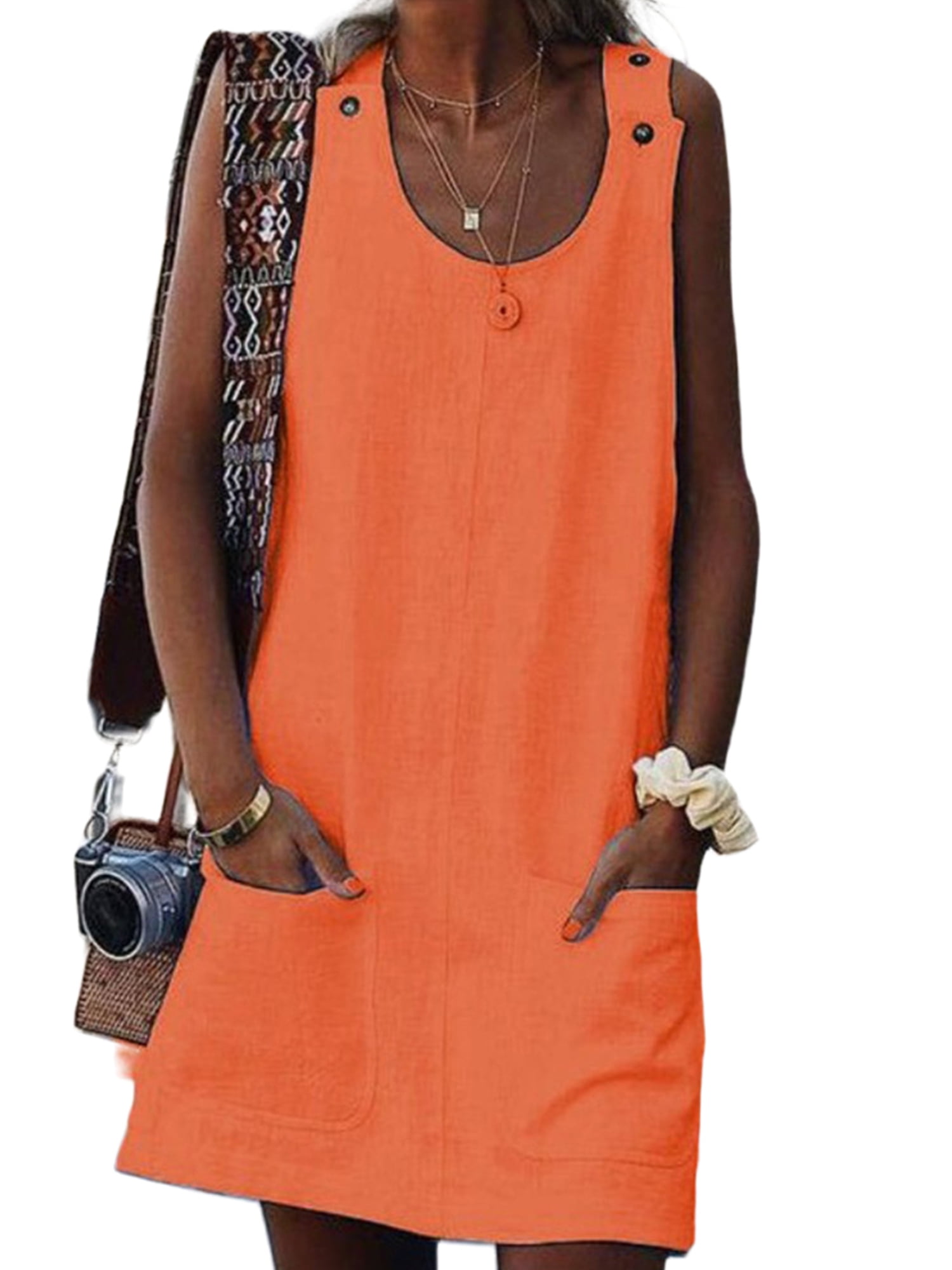 Julycc Womens Solid Color Buttons Tank Dress Dungaree Bib Overall