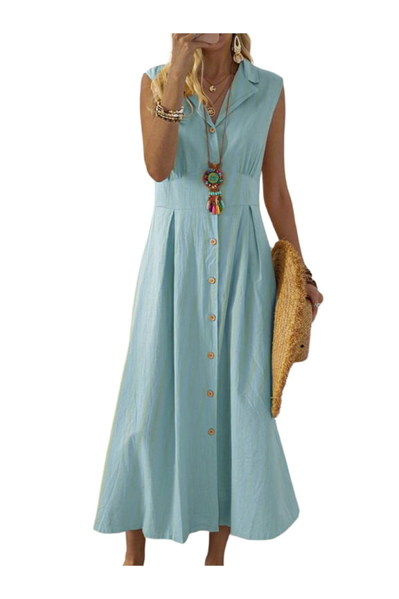 Womens Summer Sleeveless Maxi Dress Cotton Linen Buttons Long Shirt Dress