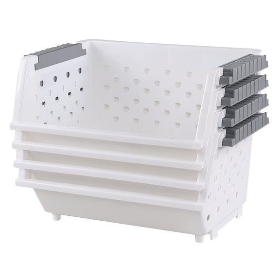 Julyeen 4 Pack White Large Plastic Stackable Storage Bins, Organizer Kitchen Stacking Basket Bin
