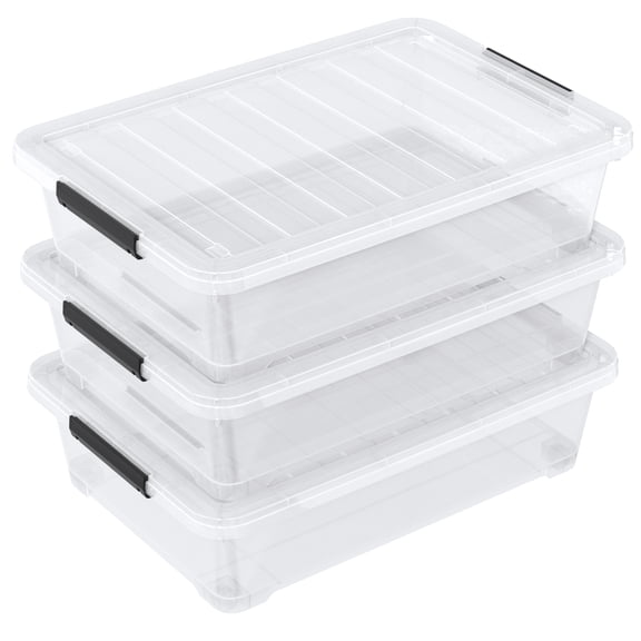 Julyeen Set of 3 42 L Clear Plastic Under The Bed Storage Bins, Underbed Box with Latching Lid and Wheels, Flat Container for Dormitory, Apartment, Attic
