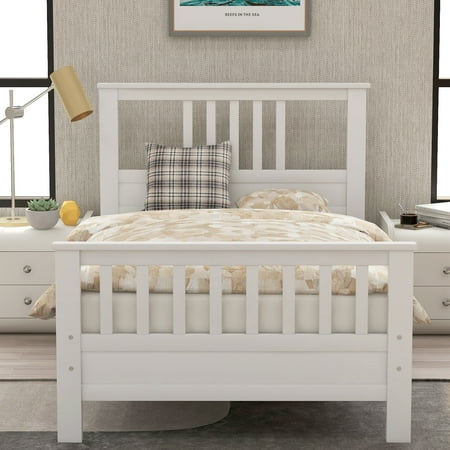 Julyfox Hard Wood Bed Frame Twin Size with Headboard Footboard 400 lbs Heavy Duty No Box Spring Needed Pure White